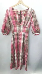 ◇ Andemiu アンデミュウ チェック柄 ガーリー 七分袖 ロング丈 ワンピース サイズS ピンク ブラウン レディース E  【1405140030006】