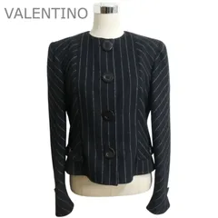 美品 VALENTINO ヴァレンティノ デザイン ノーカラージャケット カシミヤミックス ストライプ柄 サイズ12 レディースのサムネイル