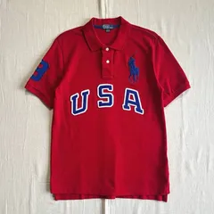 00s　archive　Polo by Ralph Lauren　ポロラルフローレン　半袖ポロシャツ　鹿の子コットン生地　ビッグポニー　胸元ロゴ刺繍　袖#3ナンバリング　USAワッペン　短丈　コンパクト　ピチTシルエット　レッド　S　Y2K　平成ギャルswag