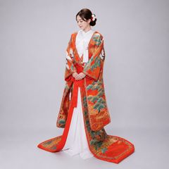 5 婚礼用 色打掛 朱色 オレンジ 松 鶴柄 金彩 和装 花嫁衣装 打掛 前 
