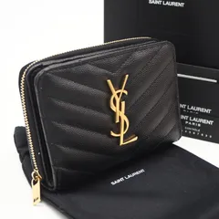 ★3日以内返品可★ 極美品 SAINT LAURENT PARIS サンローランパリ YSLロゴ Vステッチ コンパクトウォレット 403723 二つ折り財布 ブラック ゴールド カーフレザー レディースのサムネイル