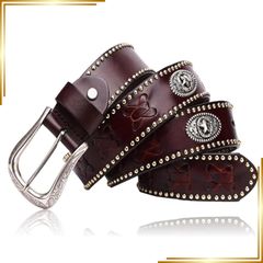 [New] [Laquest] Western Men's Belt, Cowhide Leather, Concho, Braided Leather, Casual (3. Dark Brown) 1