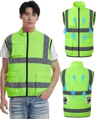CYCYHEAT 互換性 空調作業服 ベスト 服のみ 9cm穴 ノースリーブ作業着 高視認 冷却ウェア ライトブルー 反射ベスト (グリーン,  L)