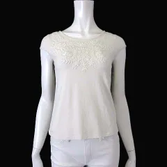 ハロッズ Harrods カットソー シャツ トップス フレンチスリーブ 半袖 ボタニカル 花柄 刺繍 ストレッチ M 2 アイボリー ベージュ タグ付 美品のサムネイル