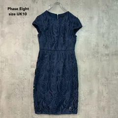 美品 Phase Eight フェイズエイト UK10 ワンピース ひざ丈 総レース 刺繍 タイトドレス バックジップ 半袖 キャップスリーブ クルーネック 冠婚葬祭 結婚式 二次会 パーティー お呼ばれ 上品 華やか ネイビー ★ ■■