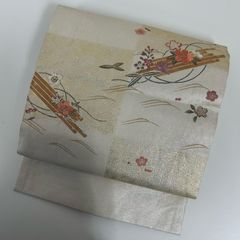 名古屋帯 正絹 西陣織 唐織 オフホワイト 中古 カジュアル 【mm581