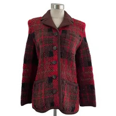 イヴサンローラン YVES SAINT LAURENT ニットジャケット カーディガン ウール チェック柄  総柄 レッド 赤 M レディース
