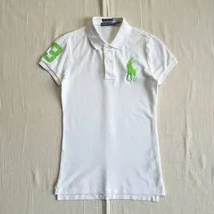 希少　00s　archive　Ralph Lauren　ラルフローレン　ペルー製　半袖ポロシャツ　鹿の子コットン生地　ビッグポニー　胸元ロゴ刺繍　コンパクト　ピチTシルエット　ホワイト×ライムグリーン　袖#3 ナンバリング　XS　Y2K　平成ギャル　swag