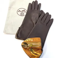 HERMES レザー シルクイン グローブ 手袋 #7.5 ブラウン 鑑定済み 正規品 エルメスのサムネイル