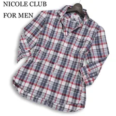 NICOLE CLUB FOR MEN ニコルクラブ フォーメン 襟ワイヤー★ 麻 リネン 七分袖 チェック柄 カジュアル シャツ Sz.46 メンズ