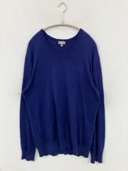 UNIQLO ユニクロ ニット/セーター L ブルー カシミヤ コットン ニット 無地 ミドル丈 長袖 Vネック