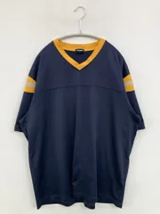 UNIQLO ユニクロ Tシャツ/カットソー XL ネイビー 無地 ライン柄 ロング丈 半袖 Vネック
