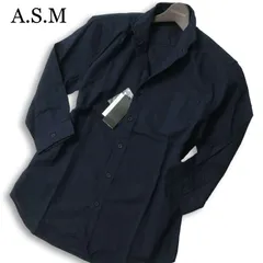 【新品 未使用】 A.S.M アトリエサブ メン 襟ワイヤー★ 麻 リネン混 7分袖 スリム シャツ Sz.48 メンズ 紺 ネイビー ASMのサムネイル