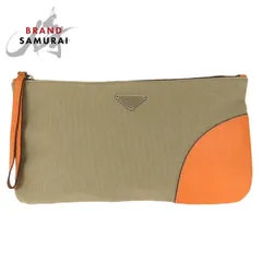 美品 PRADA プラダ 三角ロゴプレート ベージュ オレンジ シルバー金具 キャンバス/レザー クラッチバッグ セカンドバッグ メンズ 601703【中古】