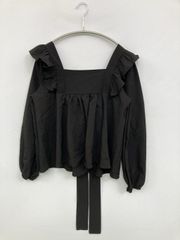 グラム】美品 リネン100％(g) フリルギャザーブラウス リボン 黒 日本