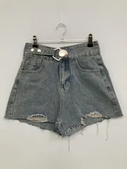 Fashion jeans ファッションジーンズ デニムパンツ M ブルー ショート・ひざ上丈 無地 ハイウエスト クラッシュ・ダメージ