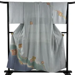 訪問着 身丈155cm 裄丈64cm M 袷 松井青々 落款 破れ色紙 草花 金銀彩 ぼかし 青灰色 正絹 逸品 【中古】のサムネイル