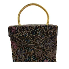 【美品】 和装バッグ 優品 ビーズバッグ フォーマル 草花 黒灰 ビーズ 和装小物  【中古】