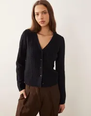 マンゴ レディース アウター カーディガン Vネック ニット Mango cable knit v neck cardigan NAVY ネイビーのサムネイル