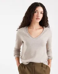 オンリー レディース アウター ニット・セーター Vネック ニット ONLY vneck knit top in dark Beige ベージュ