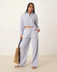 マンゴ レディース ボトムス カジュアルパンツ パンツ リネン Mango linen mix striped elastic waist pants in light blue part of a set LIGHT BLUE ブルー