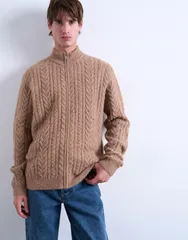 トップマン メンズ アウター カーディガン スタンドネック ニット Topman cable knit zip up funnel neck cardigan in tan TAN タンのサムネイル