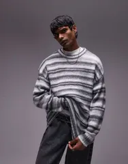 トップマン メンズ アウター ニット・セーター リラックスフィット セーター Topman relaxed fit fluffy stripe sweater stripe Gray stripe グのサムネイル