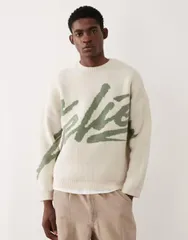 エイソス メンズ アウター ニット・セーター グラフィック ASOS DESIGN oversized knit sweater with atelier graphic in ecru and saのサムネイル
