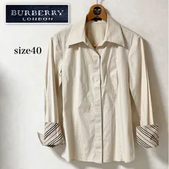 BURBERRY LONDON バーバリーロンドン　ストレッチ長袖シャツ　カフス裏ノバチェック風ストライプ　FE033-678 size40(M〜L)  三陽商会 ベージュ　ワンポイント刺繍ロゴ　比翼仕立て　レディース