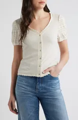 ラッキーブランド レディース トップス シャツ リブニット Lucky Brand Rib Knit Short Sleeve ButtonUp Shirt Cream クリームのサムネイル