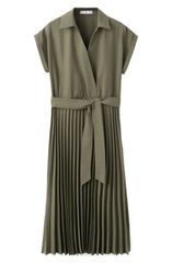 マンゴ レディース トップス ワンピース プリーツ シャツ マキシ MANGO Pleated Tie Waist Maxi Shirtdress Khaki Green グリーン