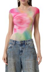 AFRM Women's Tops Shirt Print Mesh Cap AFRM Nina Print Cap Sleeve Mesh Top Green Rose