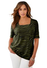 Jessica London Women's Tops Shirt Cotton Jessica London Stretch Cotton Square Neck Tee Olive Drab Zebra Olive
