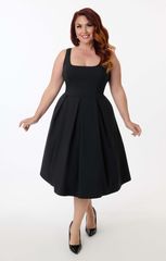 Unique Vintage Women's Plus Size Pleated Square Neck Swing Dress - Black