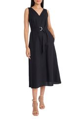 Maggy London Women's Tops Dress V-Neck Midi Dress Belted V-Neck Midi Dress Black