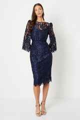 Coast Women's Tops Dress Midi Satin Lace Boat Neck Midi Dress Navy