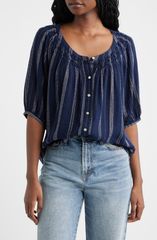 Rails Women's Rix Embroidered Stripe Linen Blend Top Marina Stripe