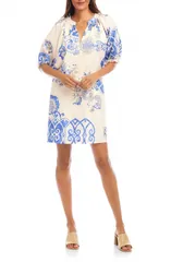 カレンケーン レディース トップス ワンピース ミニ コットン Karen Kane Puff Sleeve Cotton Peasant Minidress White Blue Print ホワイト