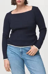 マンゴ レディース トップス シャツ コットン MANGO Boat Neck Cotton TShirt Navy ネイビーのサムネイル