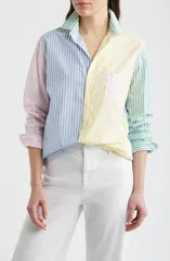 フランク ＆ アイリーン レディース トップス シャツ Frank Eileen Relaxed ButtonUp Shirt Blue Pastel Colorblock Stripe ブルーのサムネイル