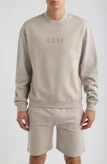 ボス メンズ アウター パーカー・スウェット クルーネック パイル シャツ コットン BOSS Cotton French Terry Crewneck Sweatshirt Open Grey グレのサムネイル