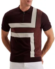 テッドベーカー メンズ アウター ニット・セーター ポロシャツ Ted Baker Color Block Short Sleeve Zipper Polo Sweater Maroon マルーンのサムネイル