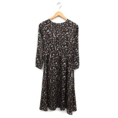 ナチュラルビューティーベーシック NATURAL BEAUTY BASIC フラワープリント フレア ワンピース 長袖 ロング丈 シフォン S ブラック 黒 /FT12