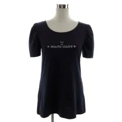 マリクレール MARIE CLAIRE Ｔシャツ ロゴラメプリント 半袖 パフスリーブ コットン ネイビー 紺 シルバー Lのサムネイル
