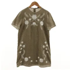 ザラウーマン ZARA WOMAN ワンピース 花柄刺繍 半袖 ミディ丈 リネン100％ ブラウン系 茶系 ホワイト 白 S