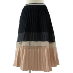 ザラ ベーシック ZARA BASIC スカート プリーツ フレア ミモレ丈 ウエストゴム 配色 レース切替え ネイビー 紺 グレー ピンクベージュ L