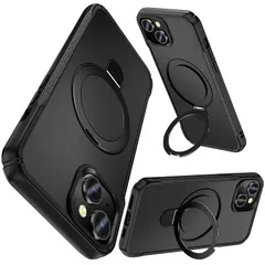 【新品】 for iPhone 15 ケース リング付き MagSafe対応 米軍MIL規格耐衝撃 マット仕上げ 指紋防止 黄変防止 ストラップホール 強磁力リング 隠しスタンド 車載ホルダー対応 アイフォン15専用 ケース ブラック