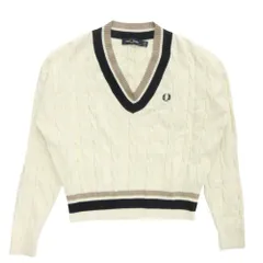 美品 FRED PERRY フレッドペリー ケーブル チルデン ニット セーター 長袖 Vネック ロゴ 刺繍 レーヨン EUR38 アイボリー 紺 ベージュ レディース 古着 中古 USED