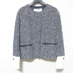 美品 ADORE アドーア LINTONツイード 2WAY ノーカラージャケット 38 ネイビー ホワイト レディース 古着 中古 USEDのサムネイル