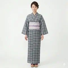浴衣 単品 女性用 仕立て上がり しじら織 綿85％ 麻15％ 格子模様 グレー bonheur saisons 花火大会 夏祭り NO43068のサムネイル